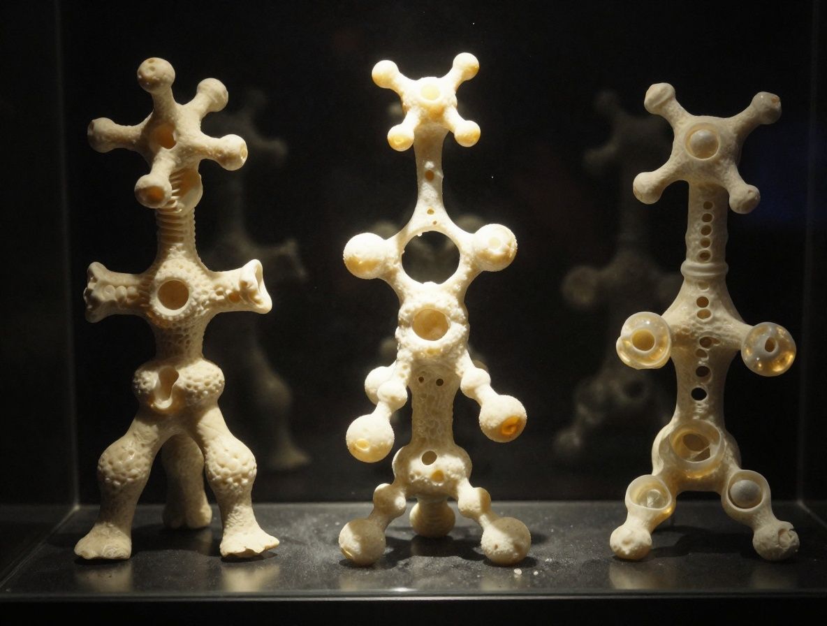 Vue en gros plan de cristaux mineraux translucides et de structures moleculaires abstraites en verre sur fond sombre avec une lumiere directionnelle doree creant des reflets dramatiques