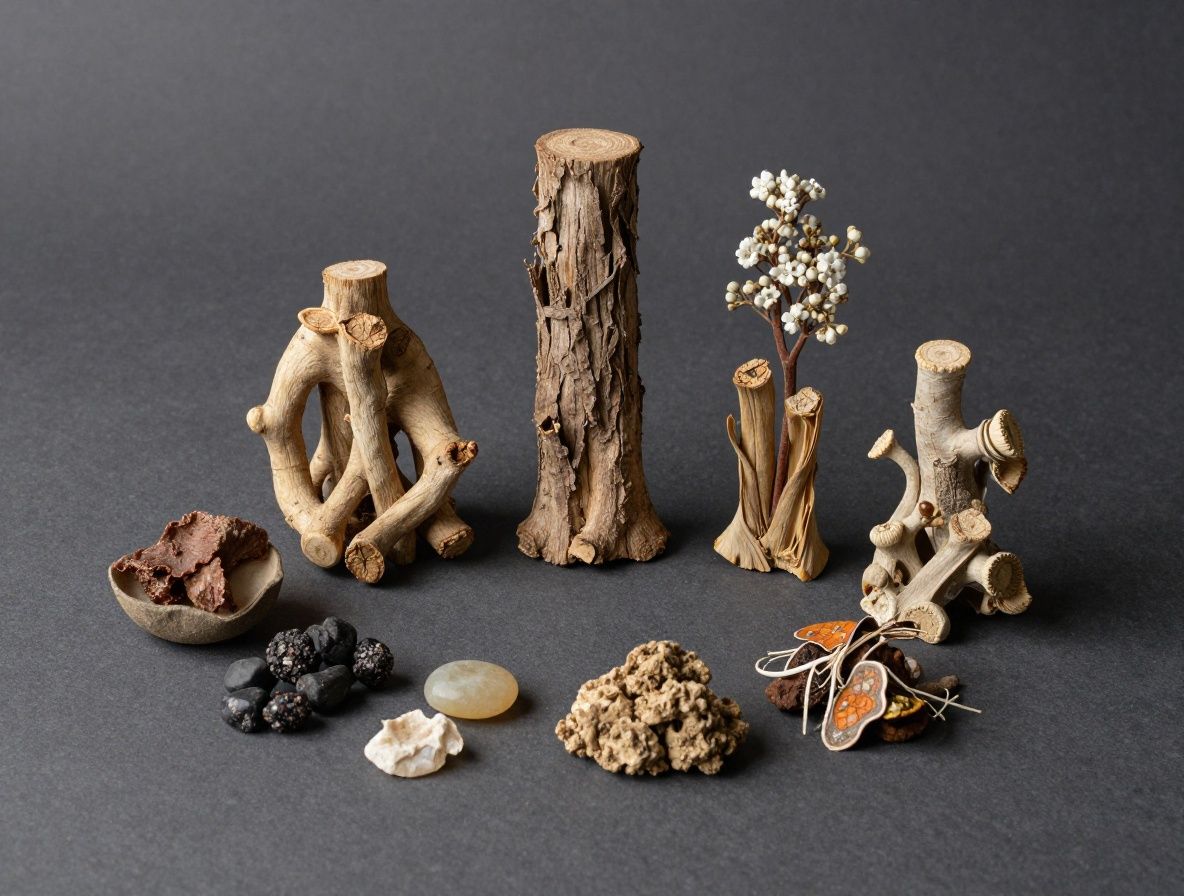 Composition cinematographique de plantes medicinales sechees, de racines et de mineraux naturels sur une surface en pierre sombre avec un eclairage dramatique lateral, sans texte ni logos