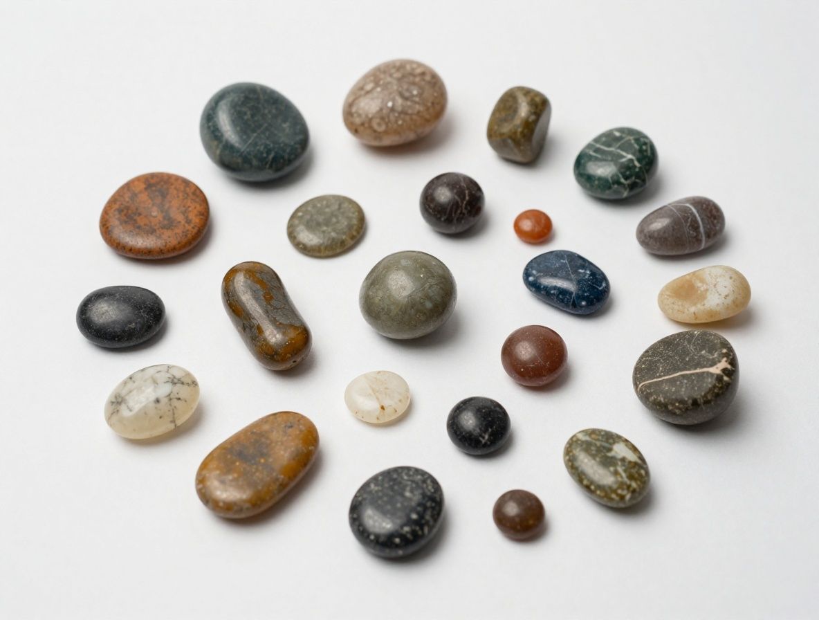 Collection de pierres et mineraux naturels polis de couleurs variees disposes en composition geometrique sur fond blanc neutre, eclairage de studio doux mettant en evidence les surfaces et les couleurs