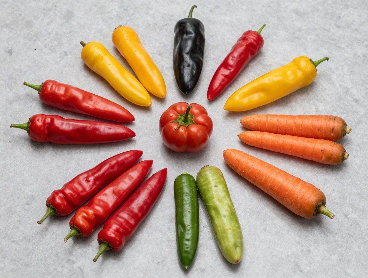 Assortiment de legumes colores comme des poivrons rouges, carottes, epinards et betteraves disposes de facon artistique sur fond de marbre clair avec un eclairage doux mettant en valeur les couleurs vives