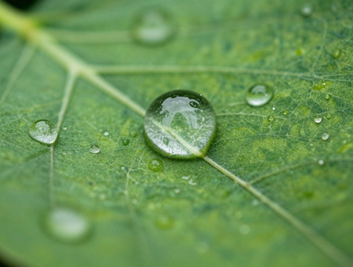 Macro-photographie de gouttelettes d eau sur une feuille verte avec un fond defocalise en tons emeraude, eclairage naturel diffus creant des reflets lumineux sur les gouttelettes spheriques
